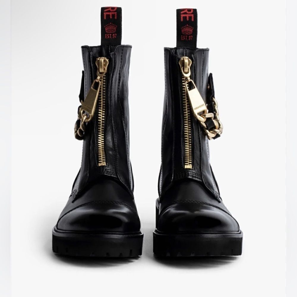 Zadig & Voltaire Joe Cecilia leather combat moto boots with gold chain New - Picture 3 of 16